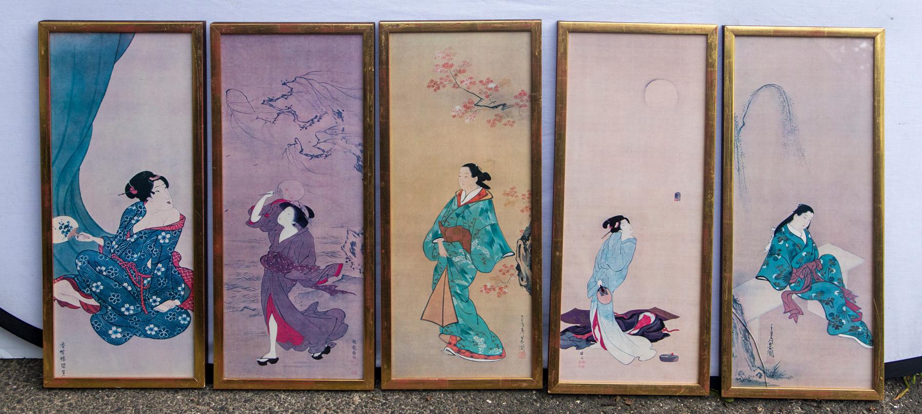 Hand-Crafted Set of 5 Hand Colored Prints of Japanese Women For Sale