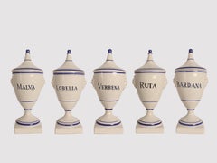 Set of 5 herbalist pharmacy ceramic jars, Italy 1890.