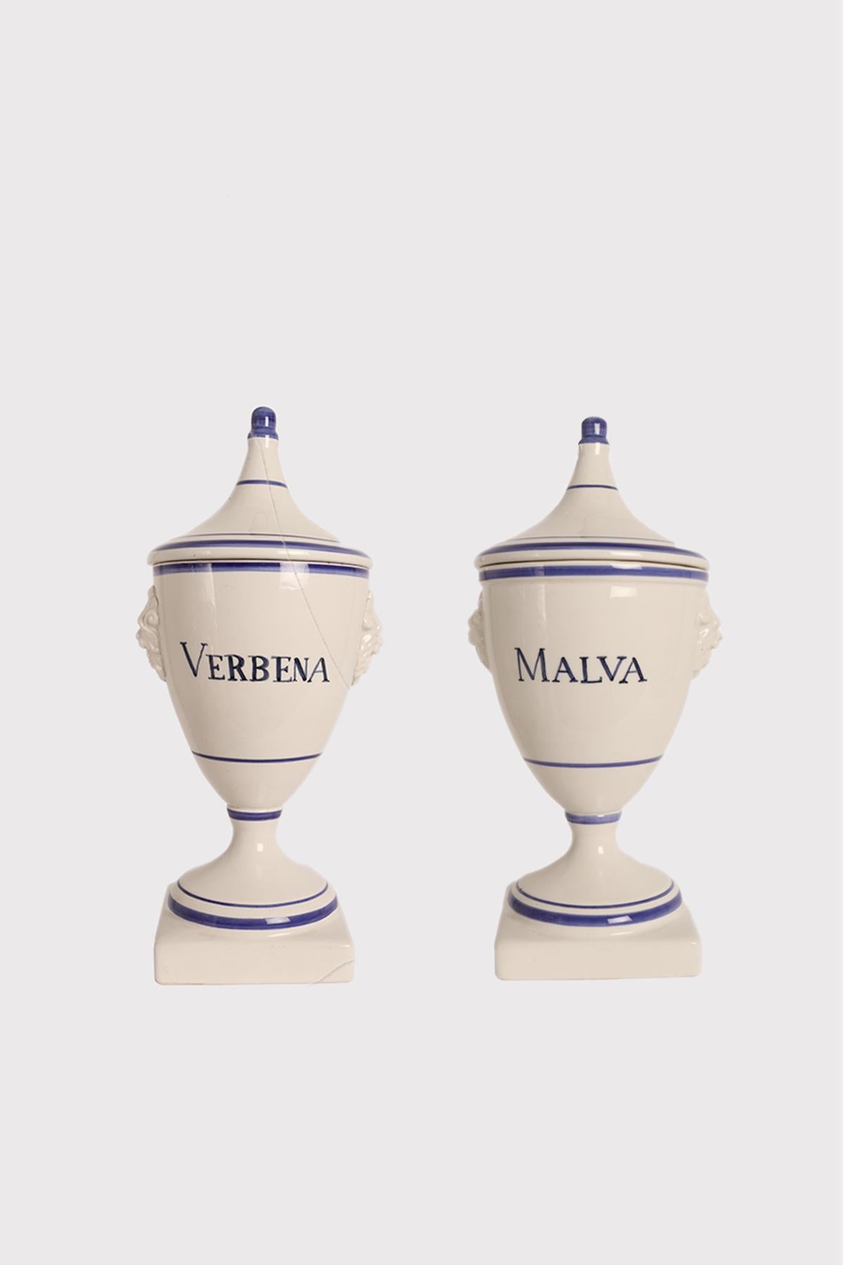 Italian Set of 5 herbalist pharmacy ceramic jars, Italy 1890. For Sale