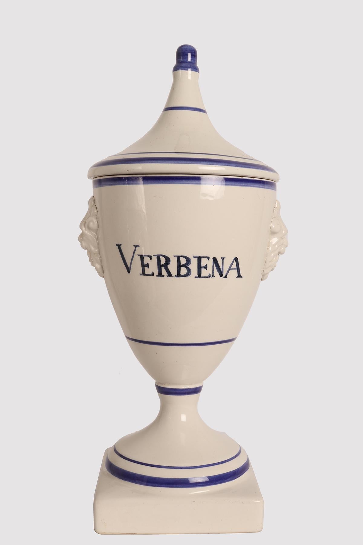 Ceramic Set of 5 herbalist pharmacy ceramic jars, Italy 1890. For Sale