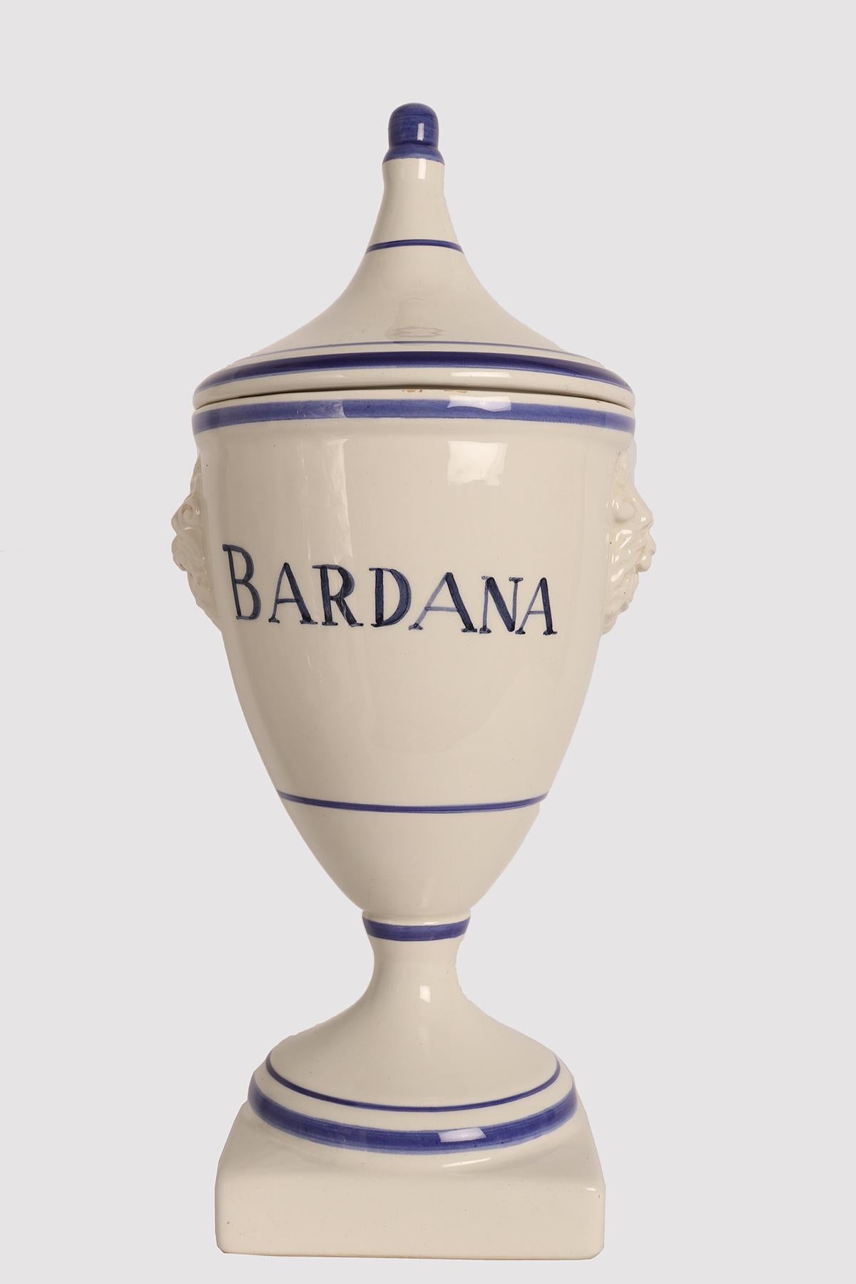 Set of 5 herbalist pharmacy ceramic jars, Italy 1890. For Sale 2