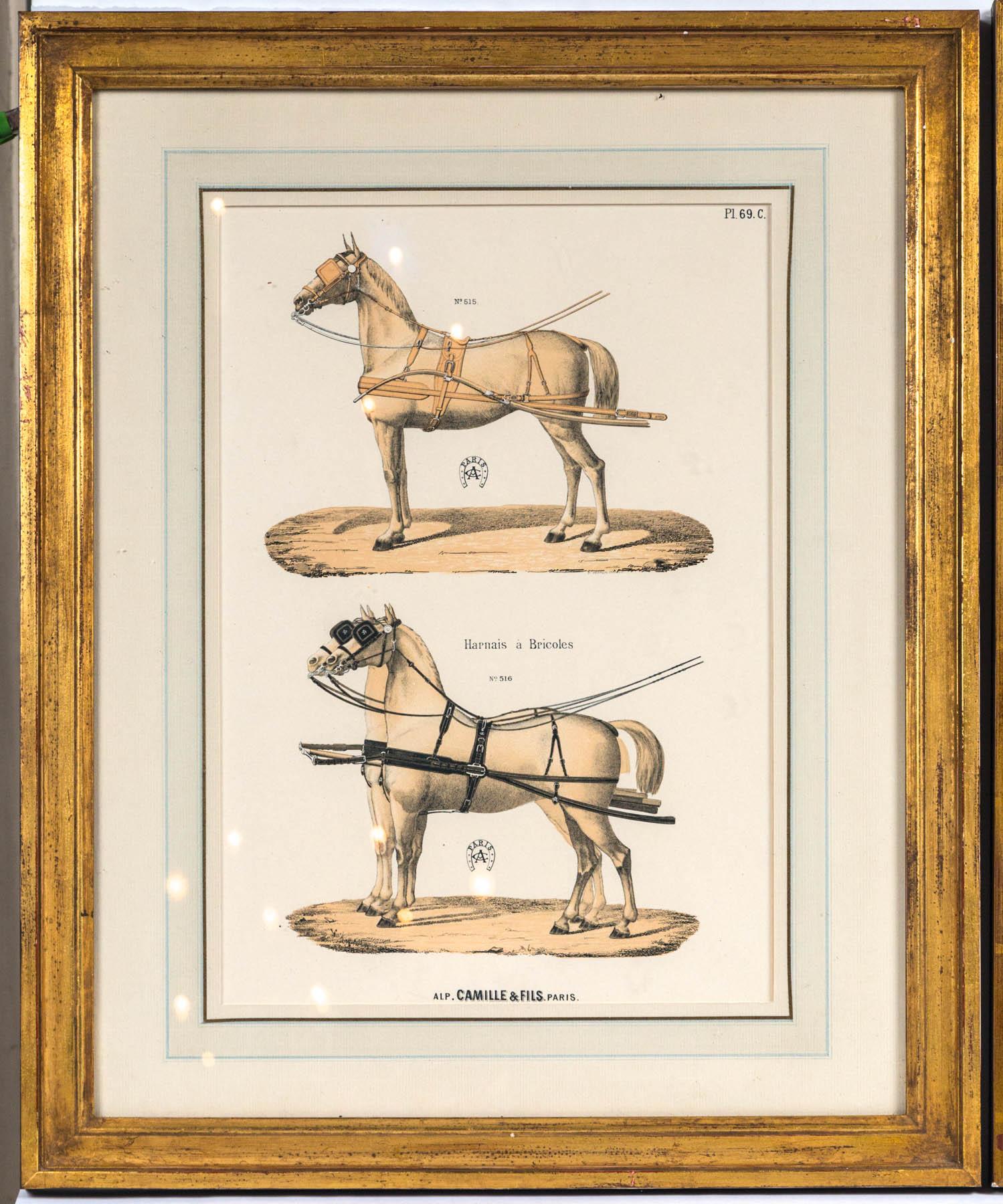 This set is comprised of 5 framed engravings, 4 horizontal and one vertical. They show harnesses, bridles, saddles, leggings, and even saddle bags.
Art work by Ed. Oberlin, 26 rue des Fosses, St. Jacques, Paris
Engraving by J. Charles, 9 Rue de