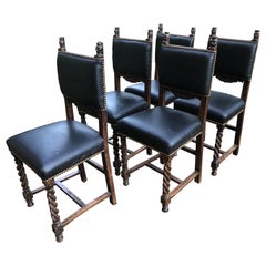 Ensemble de 5 incroyables chaises de salle à manger jacobéennes en acajou sculpté du 19e siècle