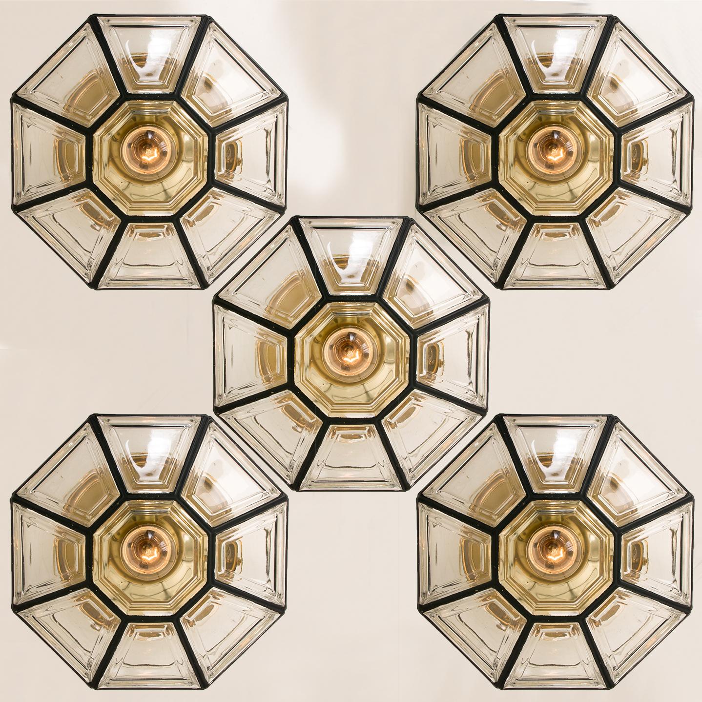 Mid-Century Modern Set of  5 Iron and Clear Glass Flush Mounts/Wall Lights by Limburg, Oliver