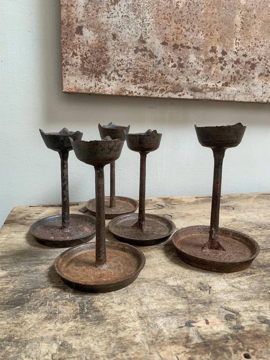 Hand-Crafted Set of 5 Iron Candlestick Holders