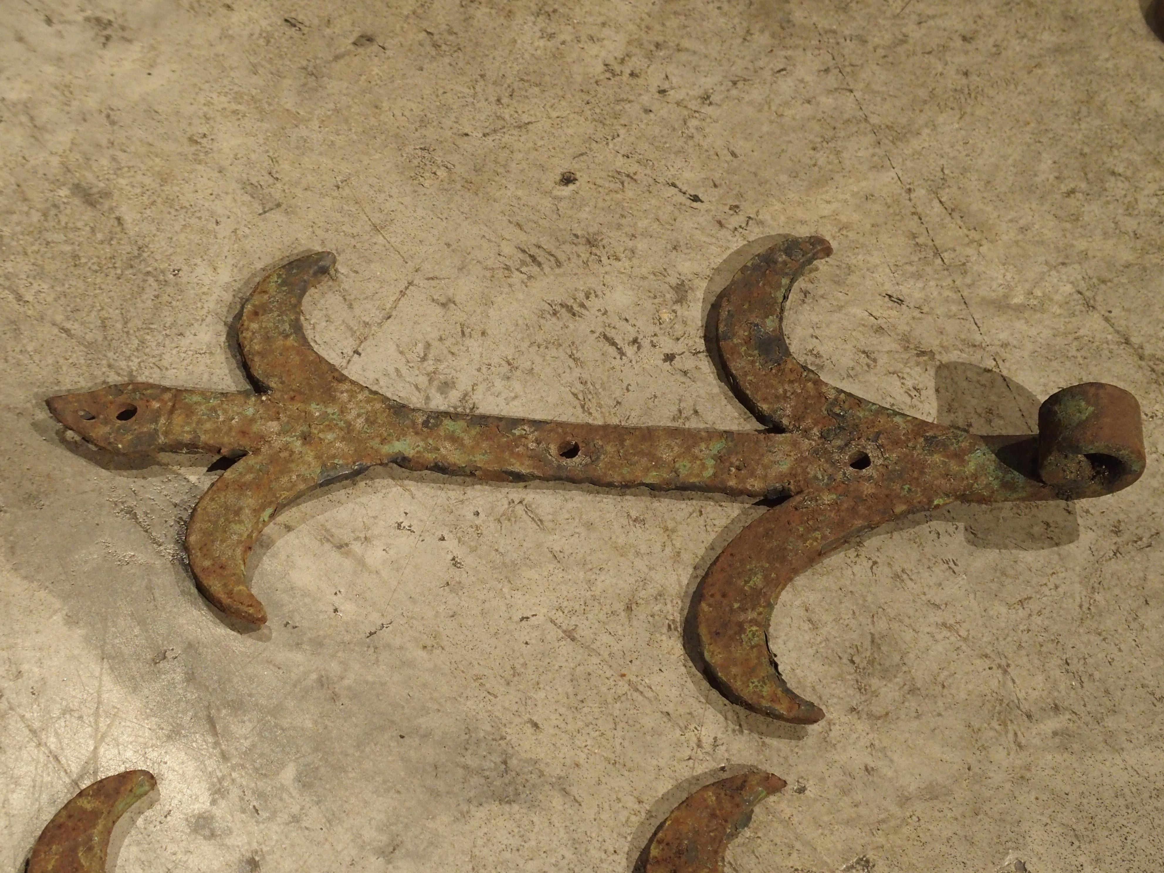 These wonderful iron door straps were salvaged from a door or set of doors sometime in the 20th century. There are 4 iron hinge straps that would have been on the same door or doors, and a 4th larger single strap. These would have decorated the