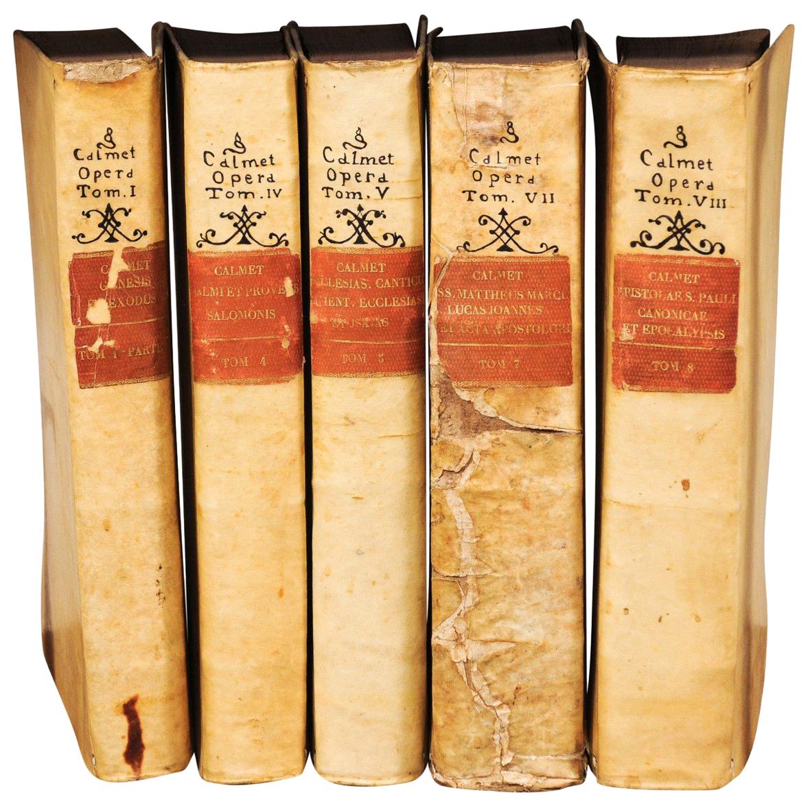 Set of 5 Italian 18th Century Vellum Books in Light Cream Color