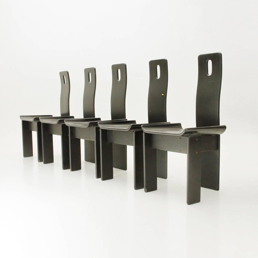 Post-Modern Set of Five Italian Black Lacquered Chairs, 1980s