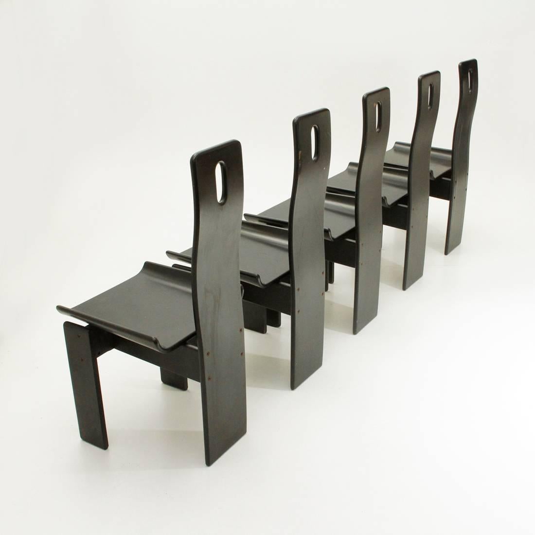 Late 20th Century Set of Five Italian Black Lacquered Chairs, 1980s
