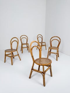Set of 5 Italian Mid-Century Bent Bamboo and Vienna Cane Dining Chairs, 1960s