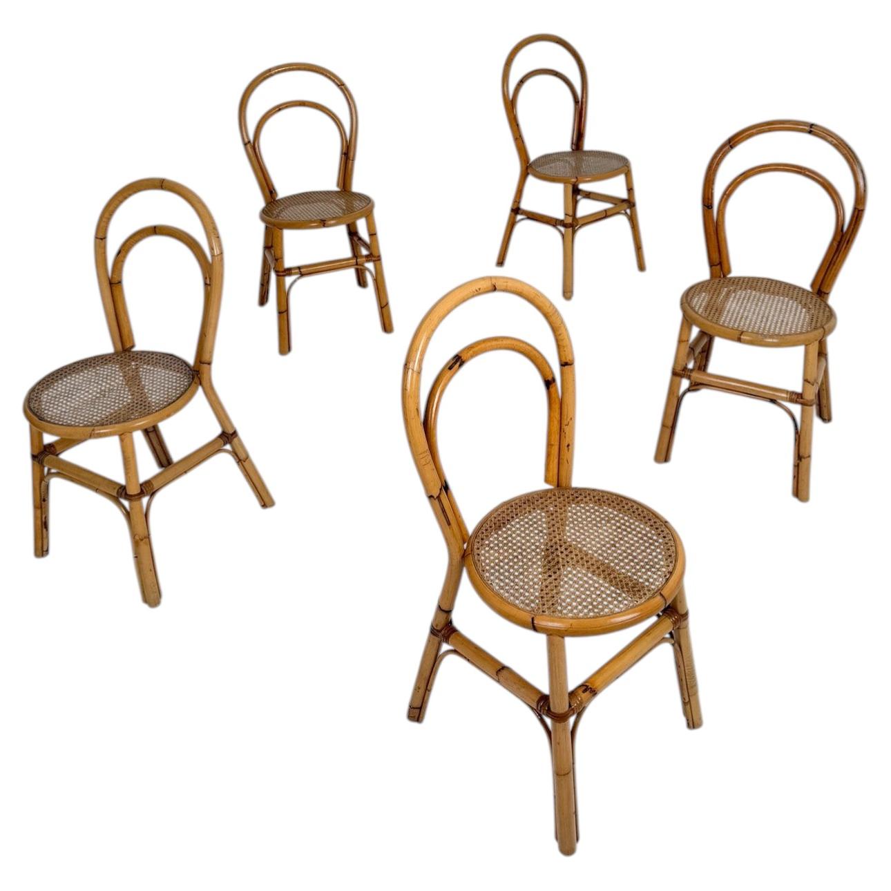Set of 5 Italian Mid-Century Bent Bamboo and Vienna Cane Dining Chairs, 1960s