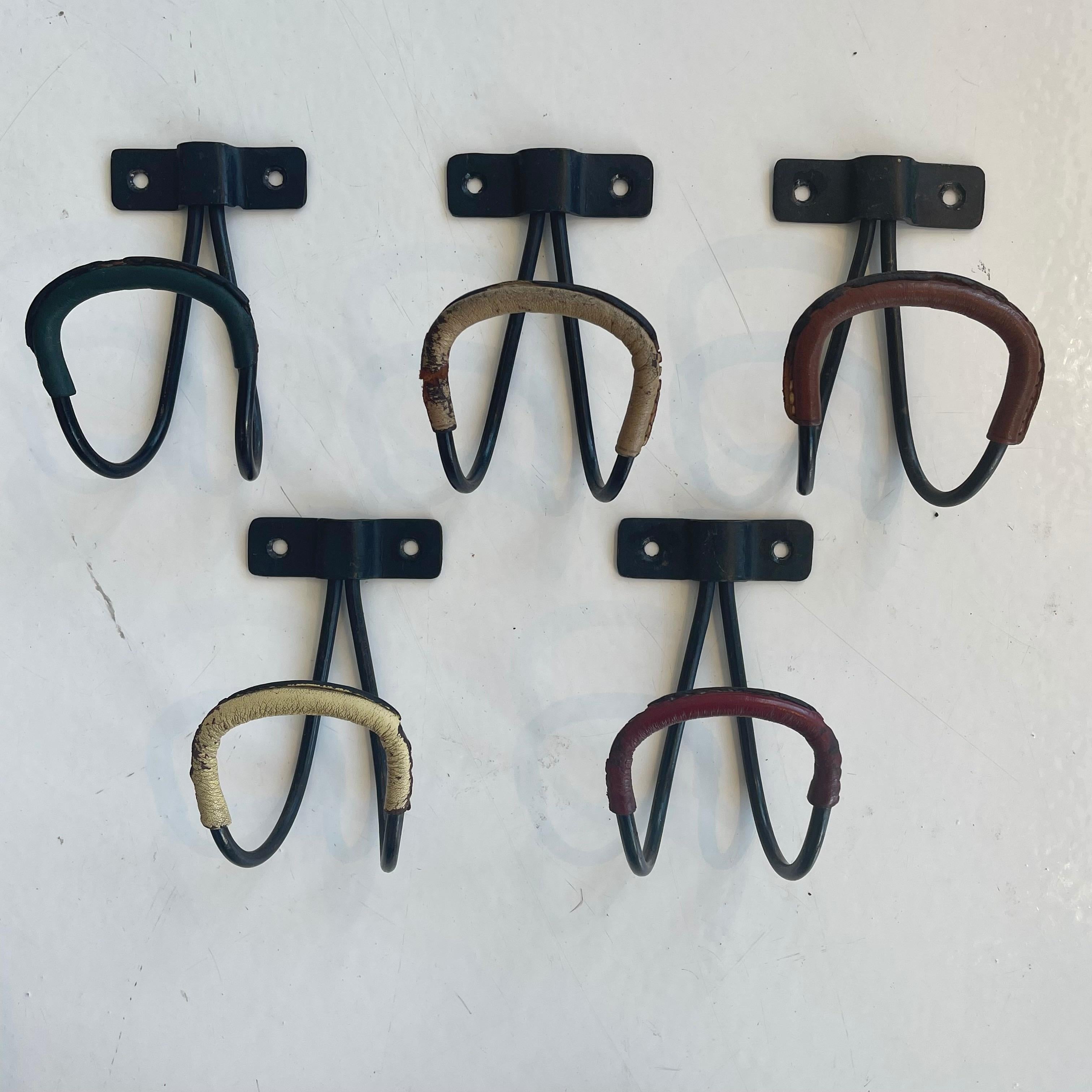 French Set of 5 Jacques Adnet Leather Hooks