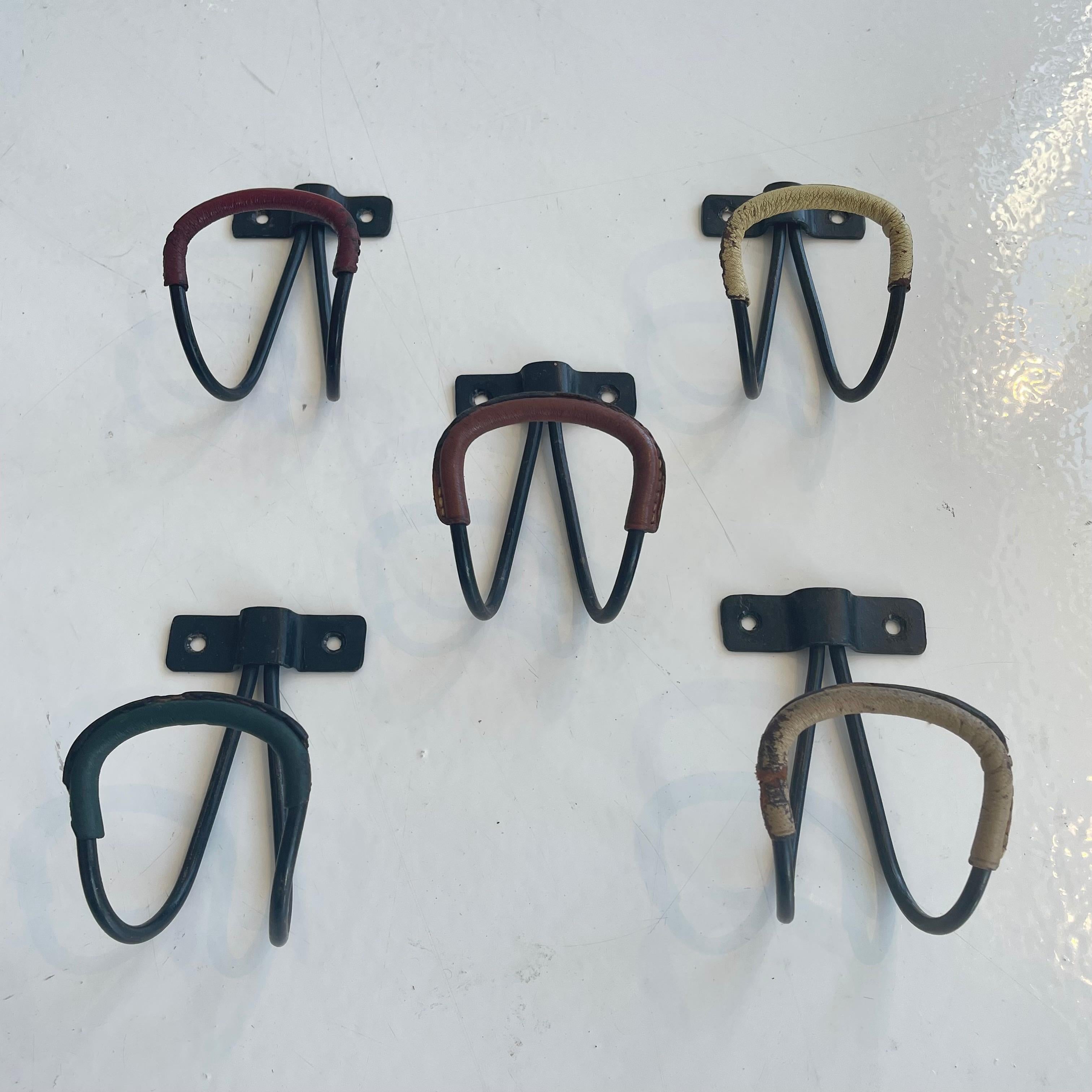 Set of 5 Jacques Adnet Leather Hooks In Excellent Condition In Los Angeles, CA