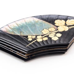 Set of 5 Japanese Black Lacquer Fan Shaped Serving Plates with Seasonal Designs