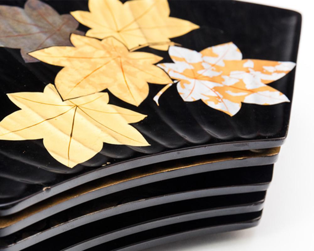 Japanese 14" x 6" Black Lacquer Fan Shape Sushi Serving Plate Made in Japan 