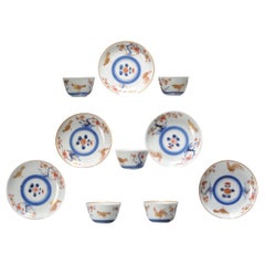 Antique Set of 5 Japanese Edo Period Porcelain Rooster Tea Bowl & Saucer, 18th Century