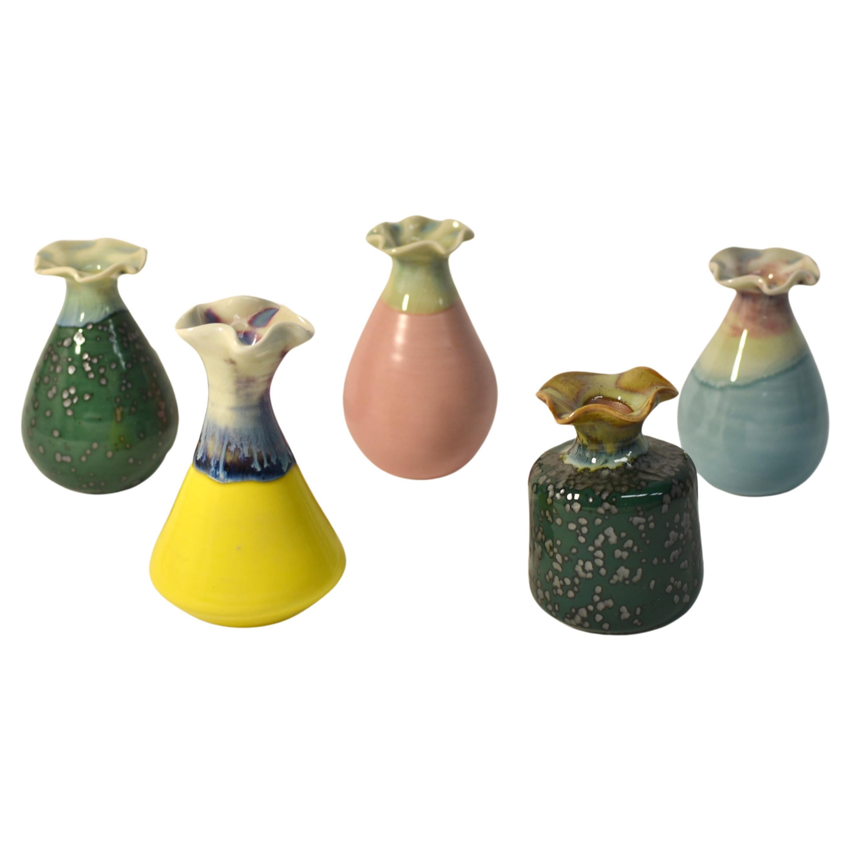 Set of 5 Japanese Wabi Sabi Mini Vases with Ruffled Lips For Sale