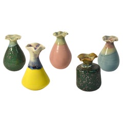 Retro Set of 5 Japanese Wabi Sabi Mini Vases with Ruffled Lips