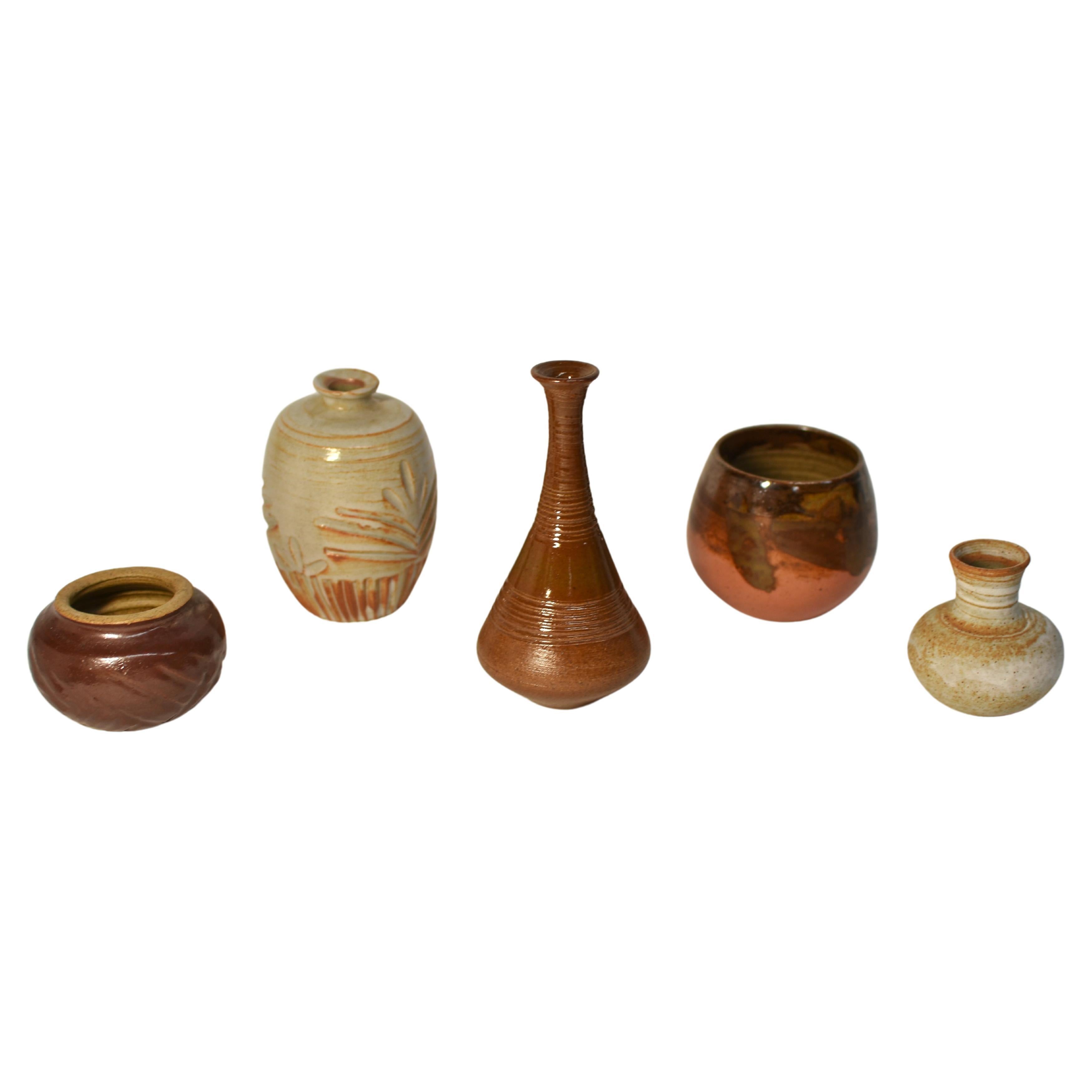 Set of 5 Japanese Wabi Sabi Small Pottery Vases  For Sale