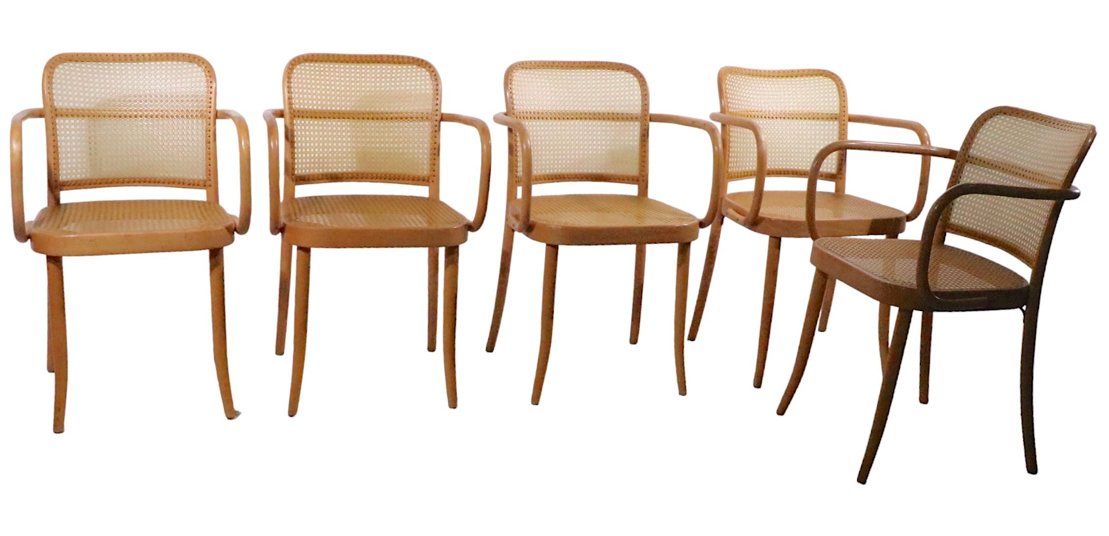Außergewöhnlicher Satz von fünf Bugholzsesseln, die Josef Frank zugeschrieben werden, gekennzeichnet mit Made in Czechoslovakia. Die Stühle sind aus dampfgebogenem Holz, wahrscheinlich Buche, und Nylon gefertigt, ca. 1970er Jahre. Eine Mitte des 20.