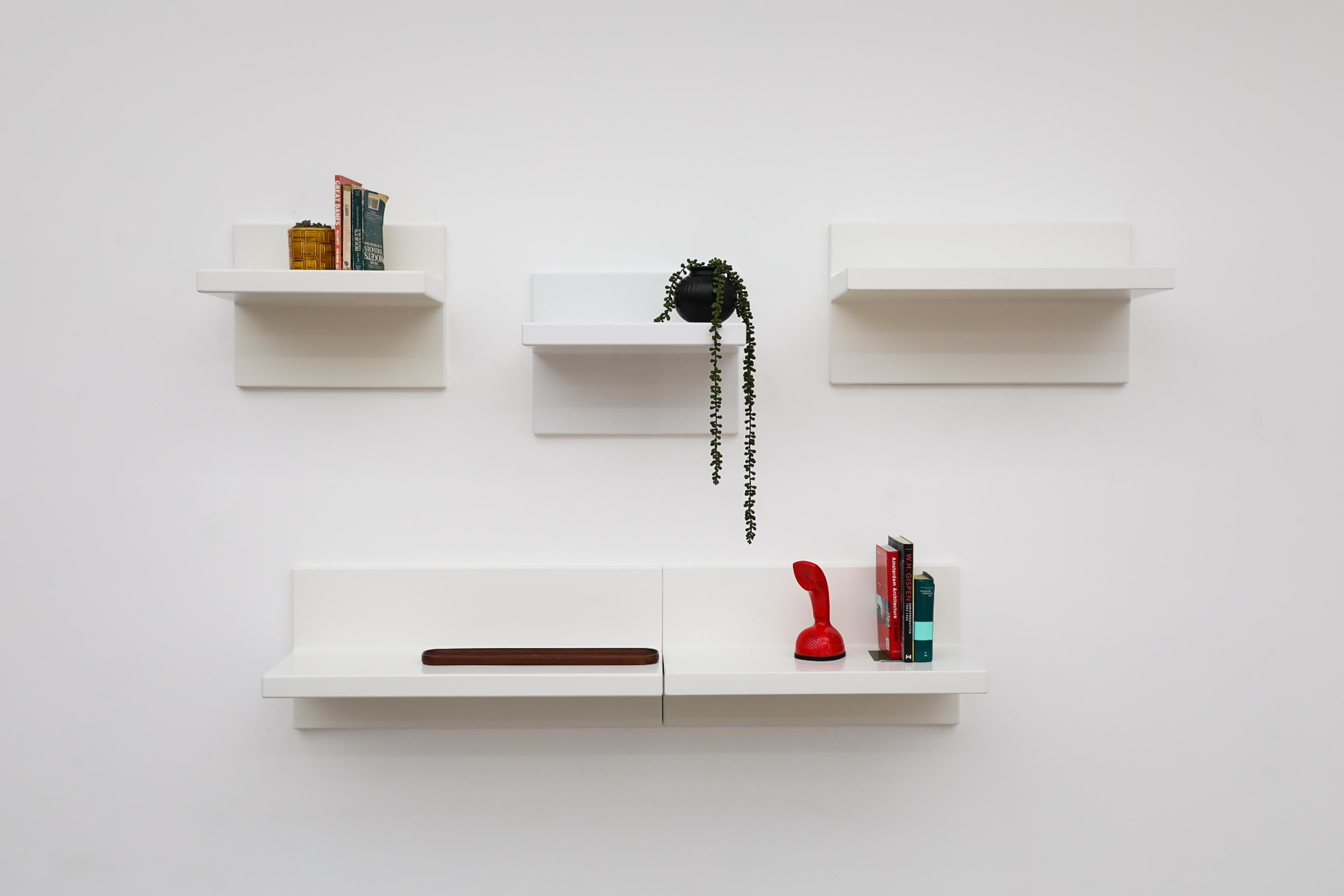 Set of 5 molded, mid century, plastic floating wall shelves, 2 small (1 bright white, 1 off white) 17.75 x 12.125 x 13.75
