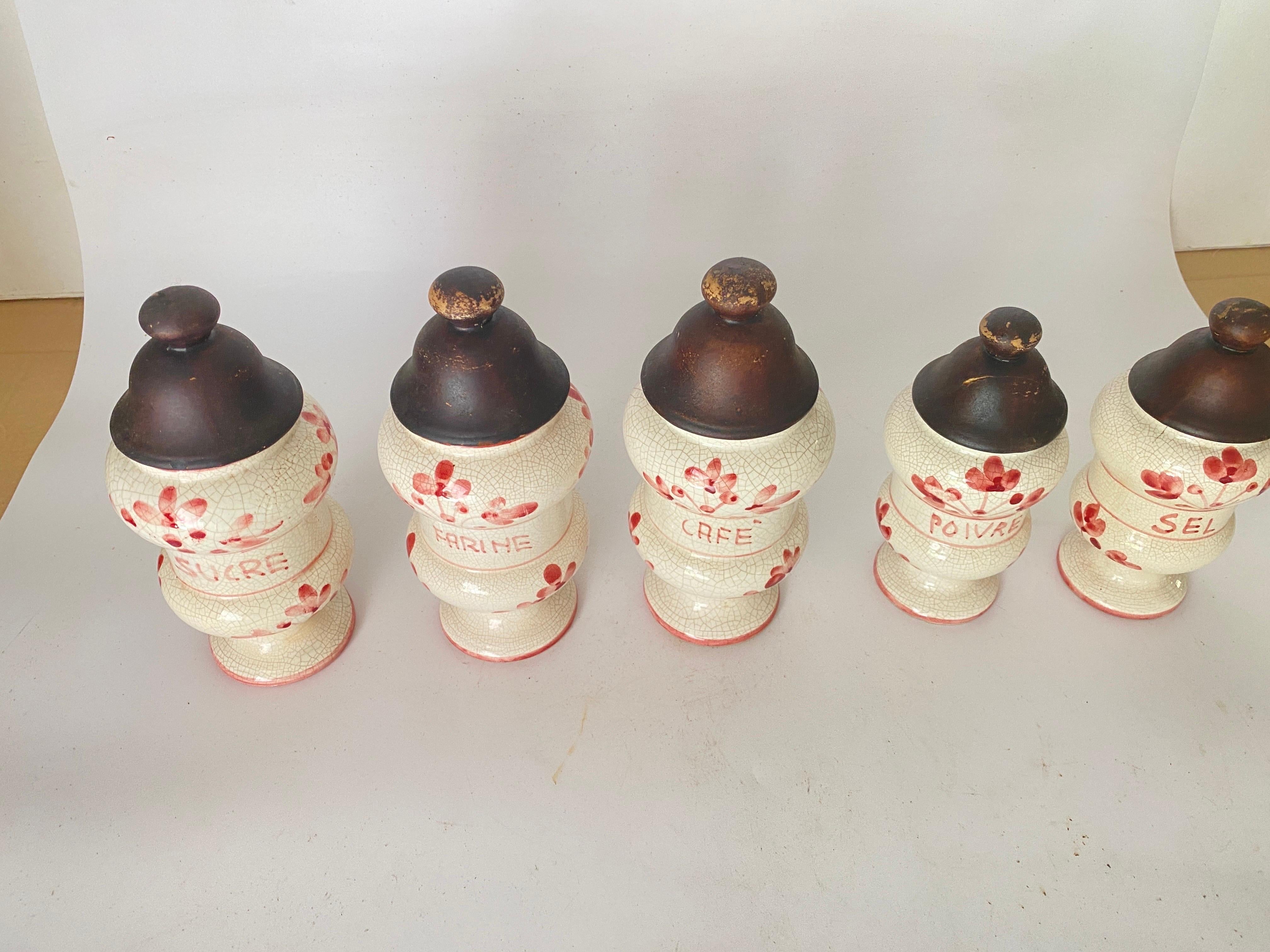 Set of 5 Kitchen Pot Sugar coffee salt Pepper and Flour French Ceramique  White  For Sale 7