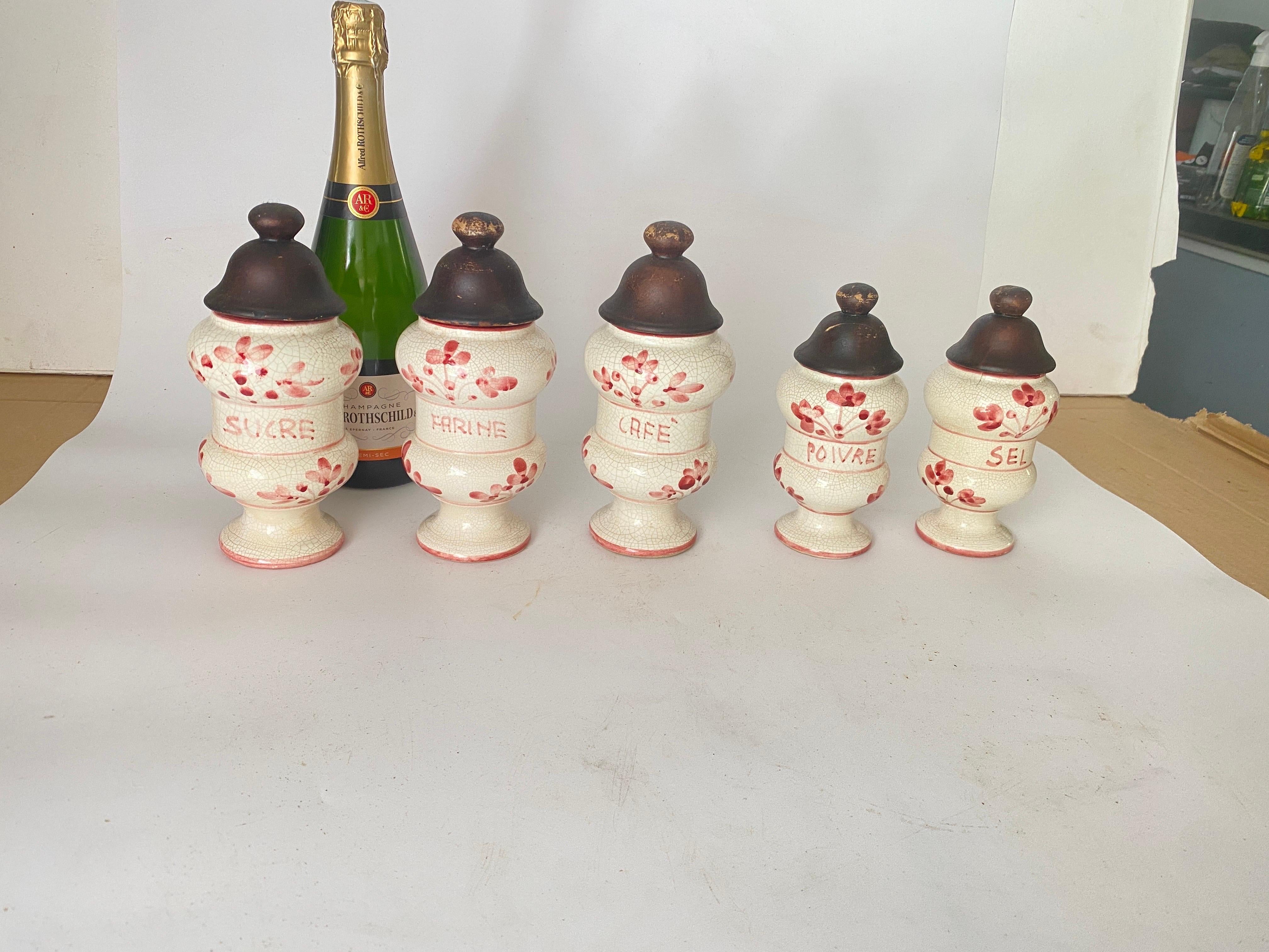 Set of 5 Kitchen Pot Sugar coffee salt Pepper and Flour French Ceramique  White  For Sale 9