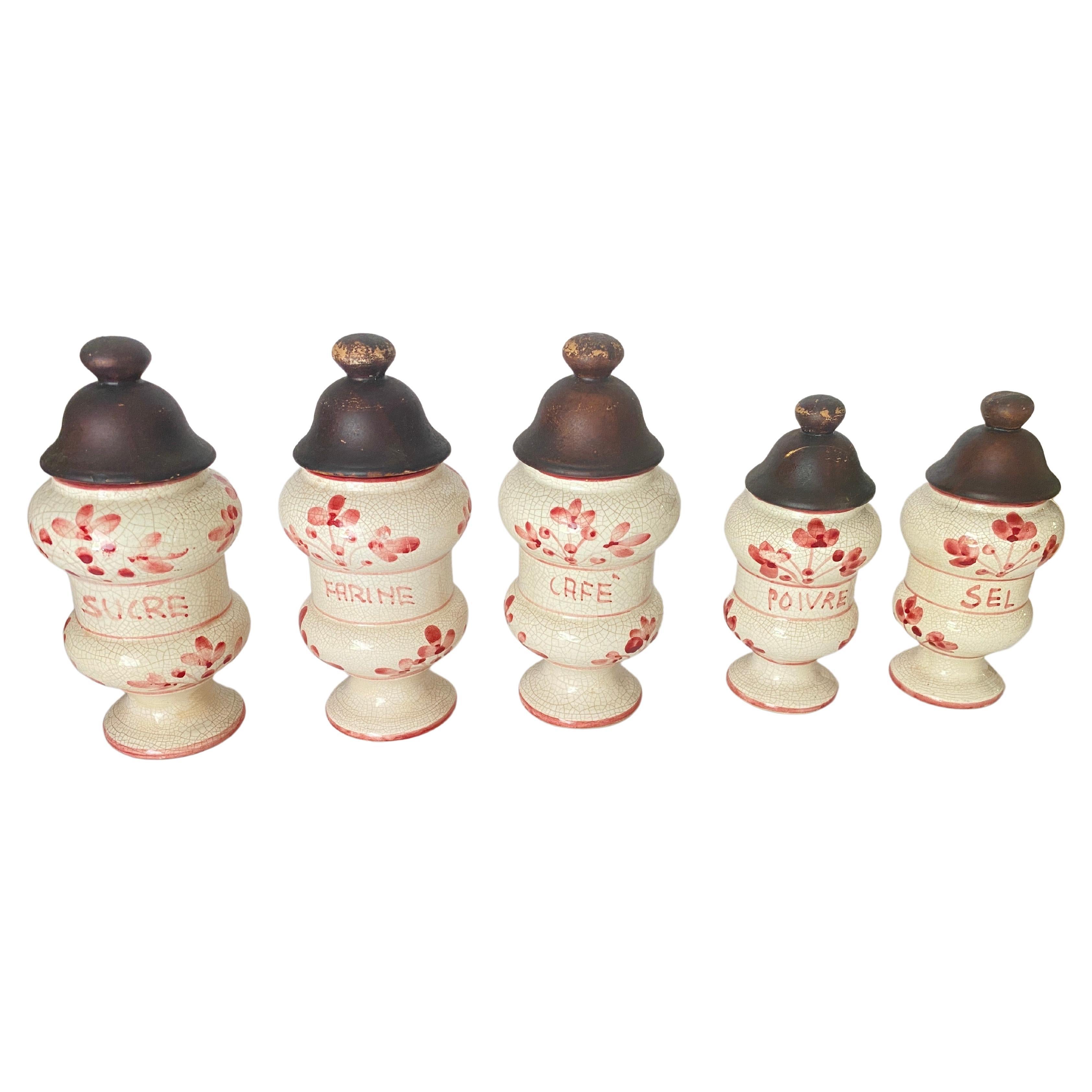 Ceramic set of 5 Kitchen Pots. Flour, Salt,Pepper,Coffee and sugar pot. Made in France 20th Century.

 Pot dimentions Of the 3 hightest
high 14cm
Diameter 9cm
