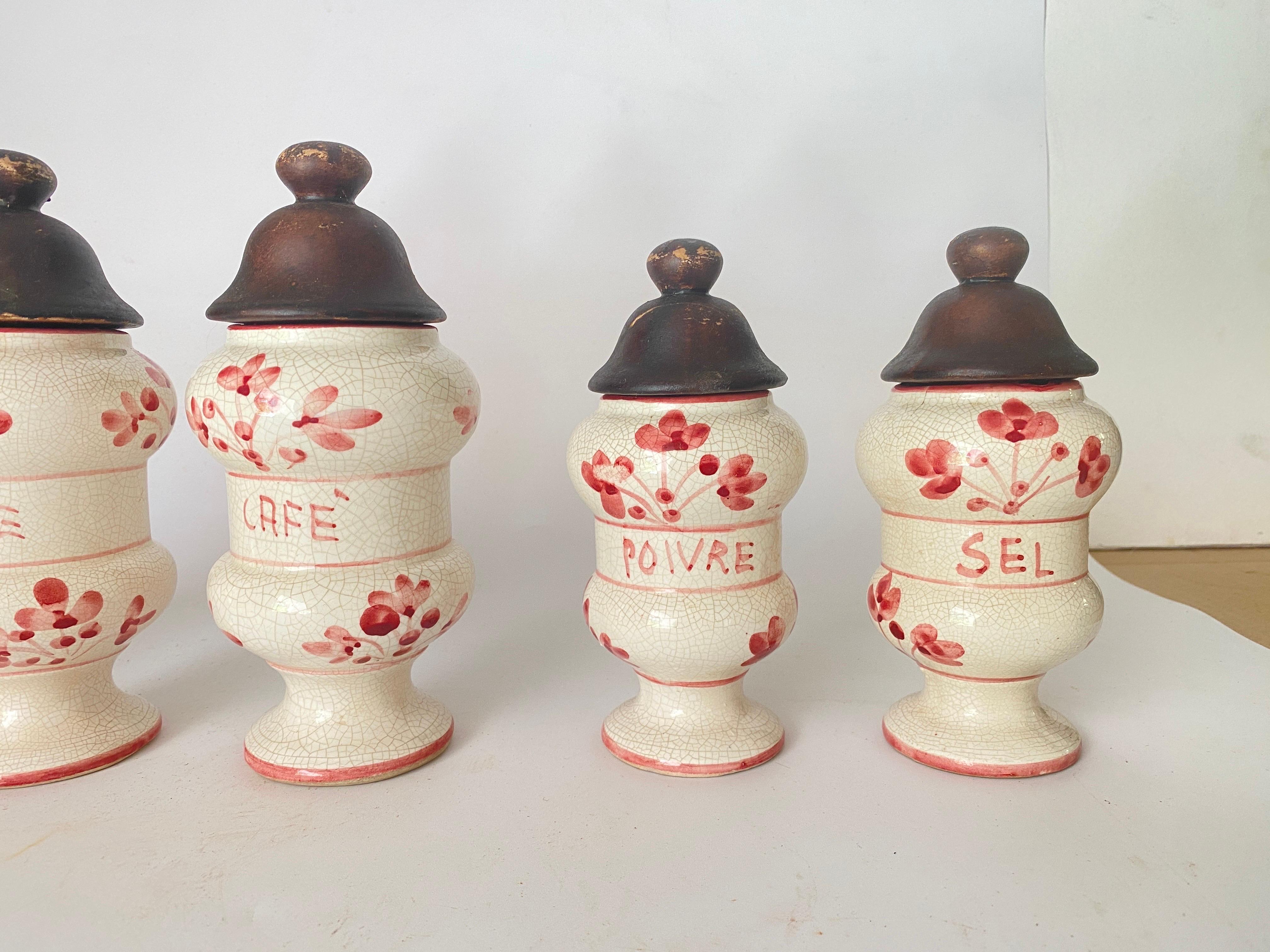 French Provincial Set of 5 Kitchen Pot Sugar coffee salt Pepper and Flour French Ceramique  White  For Sale