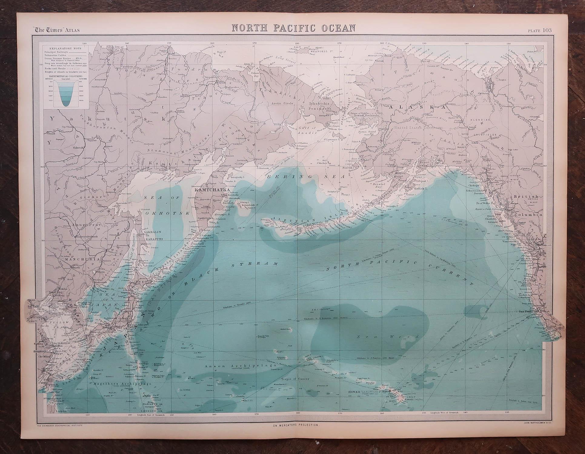 5 great maps or charts of the oceans

I particularly like the color of these maps

Unframed

Original color

By John Bartholomew and Co. Edinburgh Geographical Institute

Published, circa 1920

Free shipping.