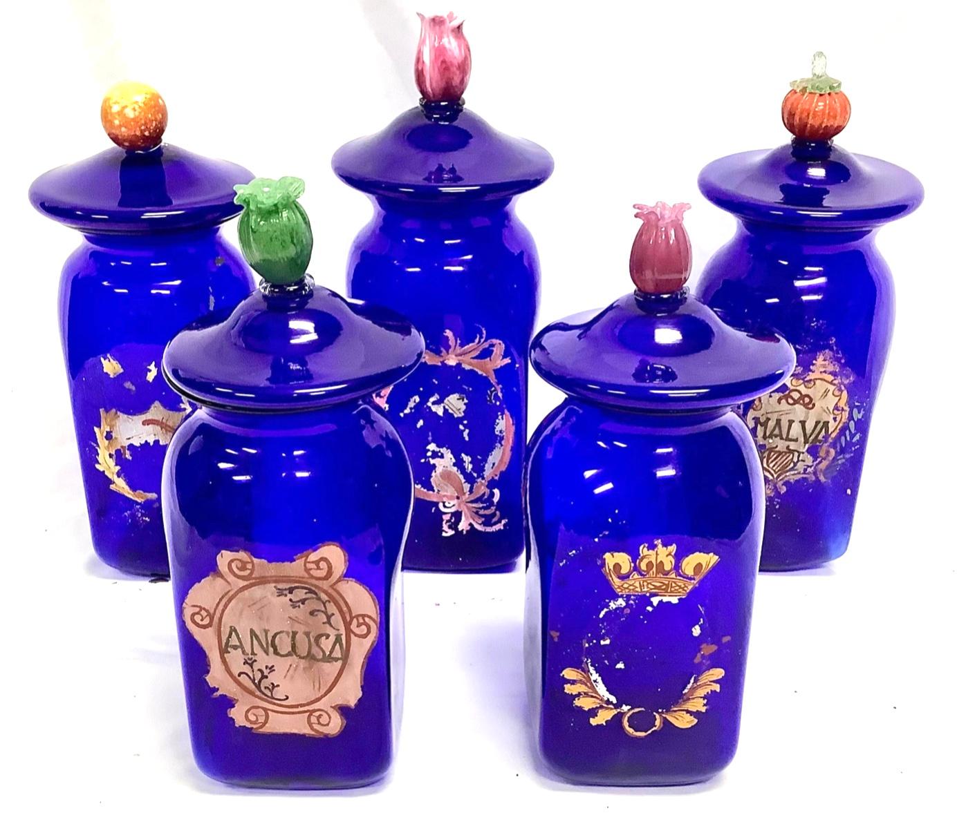 20th Century Set of 5 Large Vintage Venetian Glass Apothecary Jars with Lids and Fruit Handle For Sale