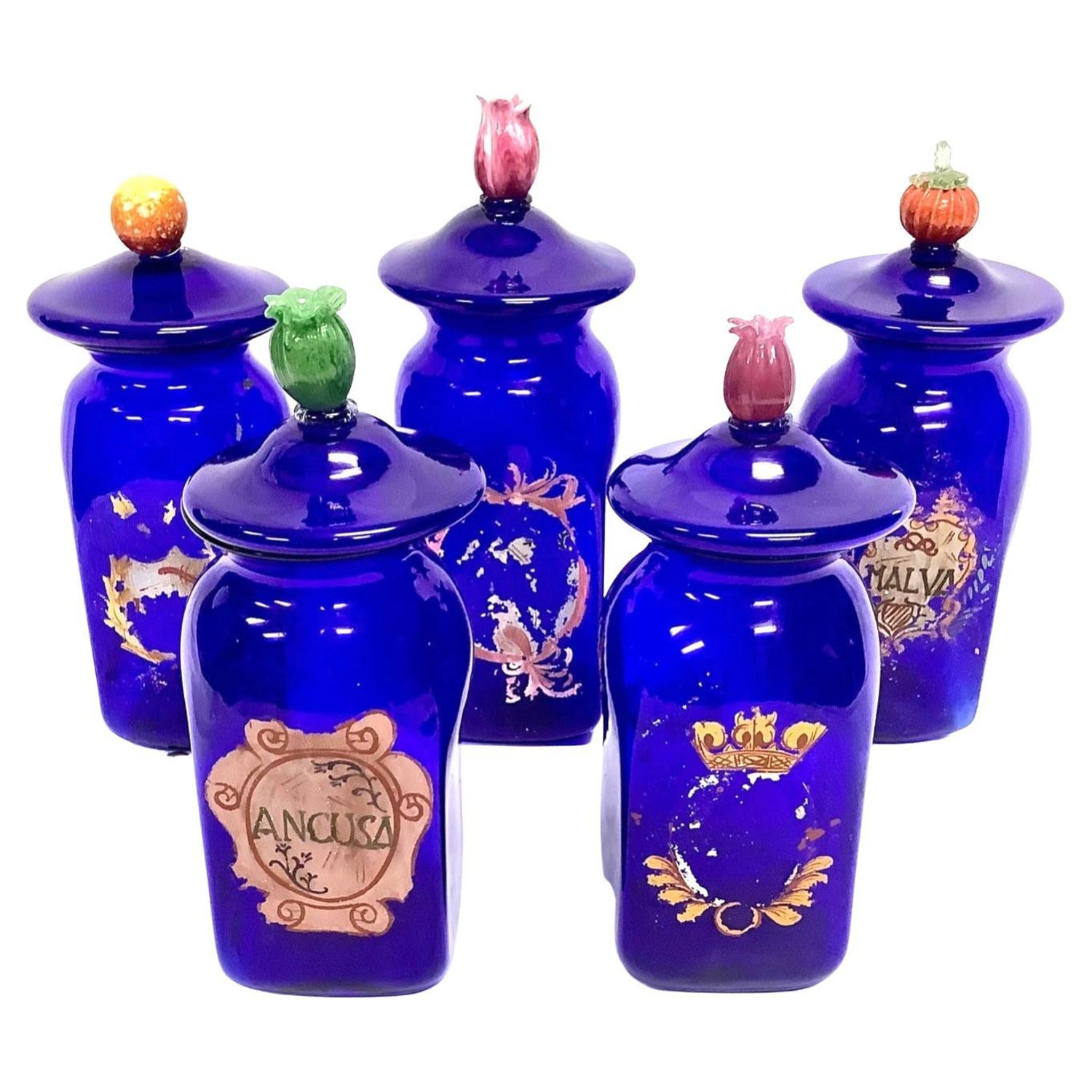 Set of 5 Large Vintage Venetian Glass Apothecary Jars with Lids and Fruit  Handle