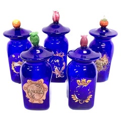 Set of 5 Large Antique Venetian Glass Apothecary Jars with Lids and Fruit Handle