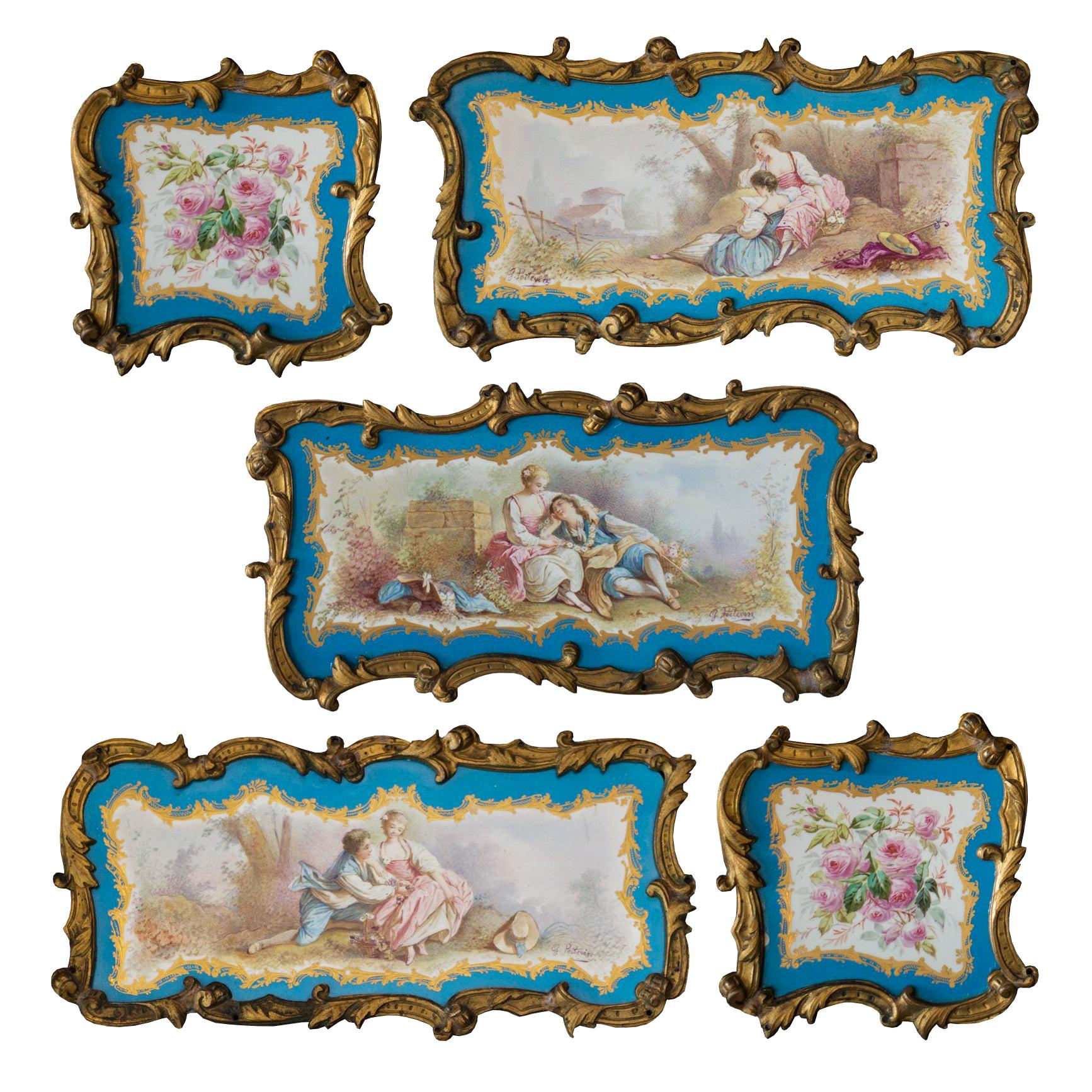 Set of 5 Louis XVI Sèvres Style Handpainted Porcelain and Bronze Mounted Plaques