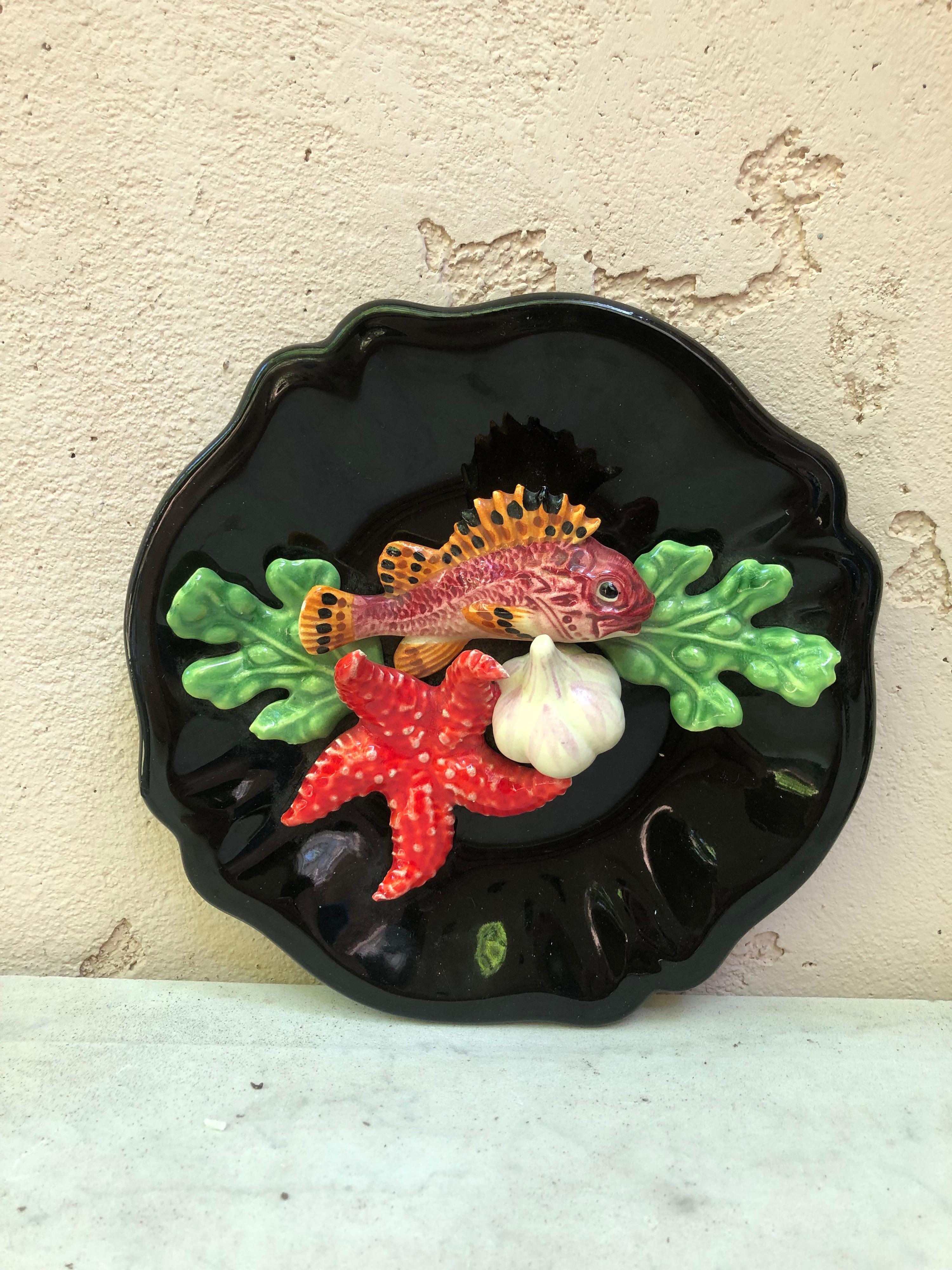 Amazing set of 5 Majolica sealife platters Vallauris, circa 1950.
High relief of fishs, starfish,coral,seawwds,oyster,shells,seahorse,lobster.
Nautical style.
 