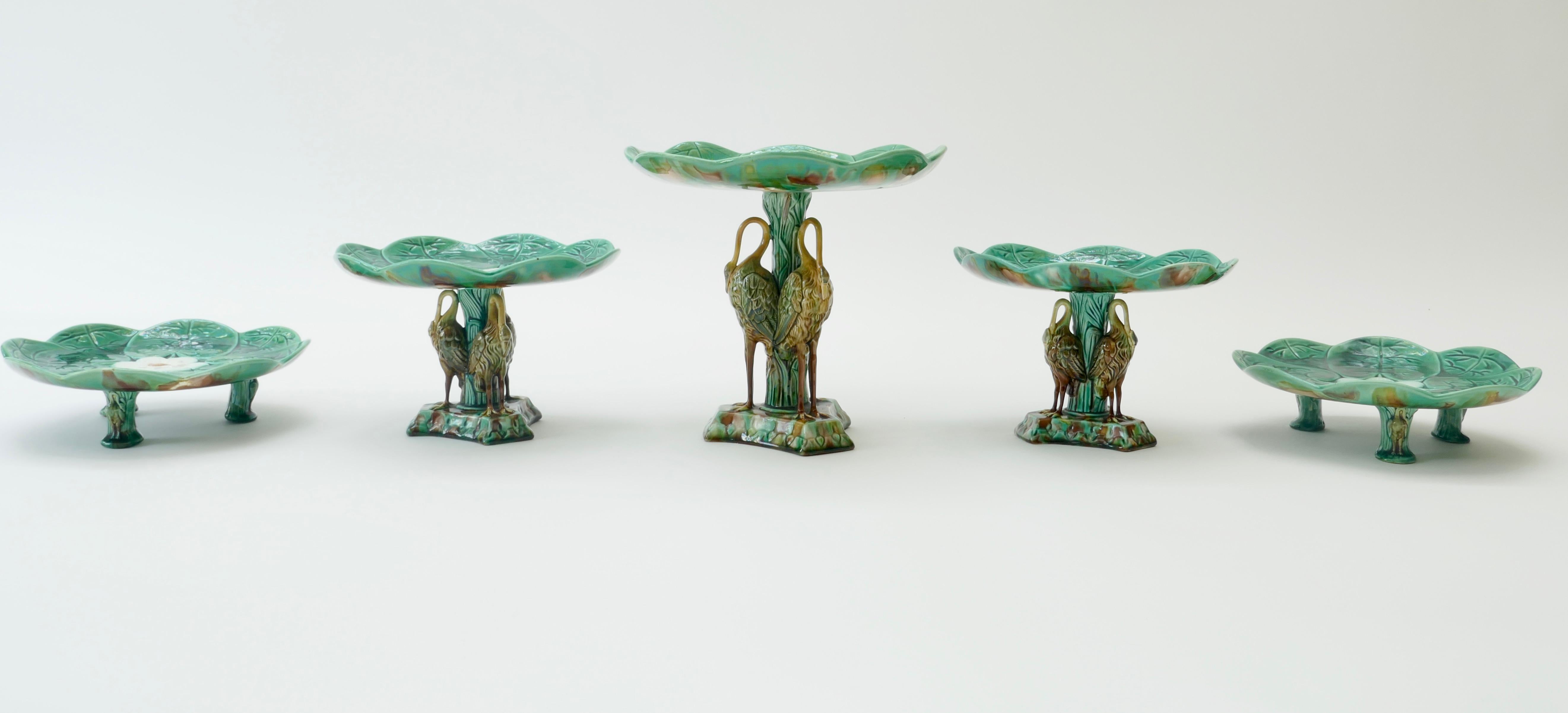 Victorian Set of 5 Majolica Pond Lily and Stork Cake Stands
