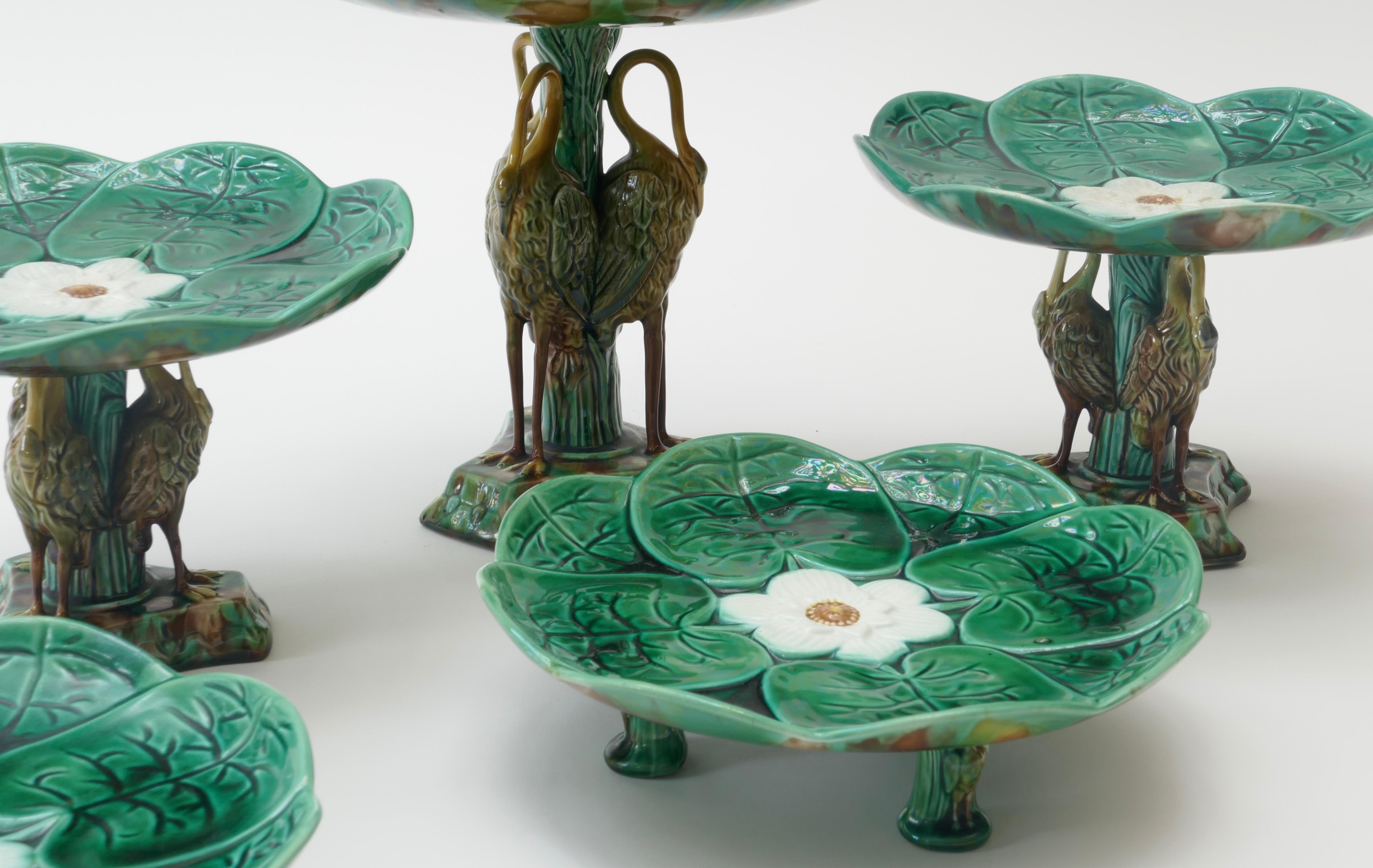 British Set of 5 Majolica Pond Lily and Stork Cake Stands