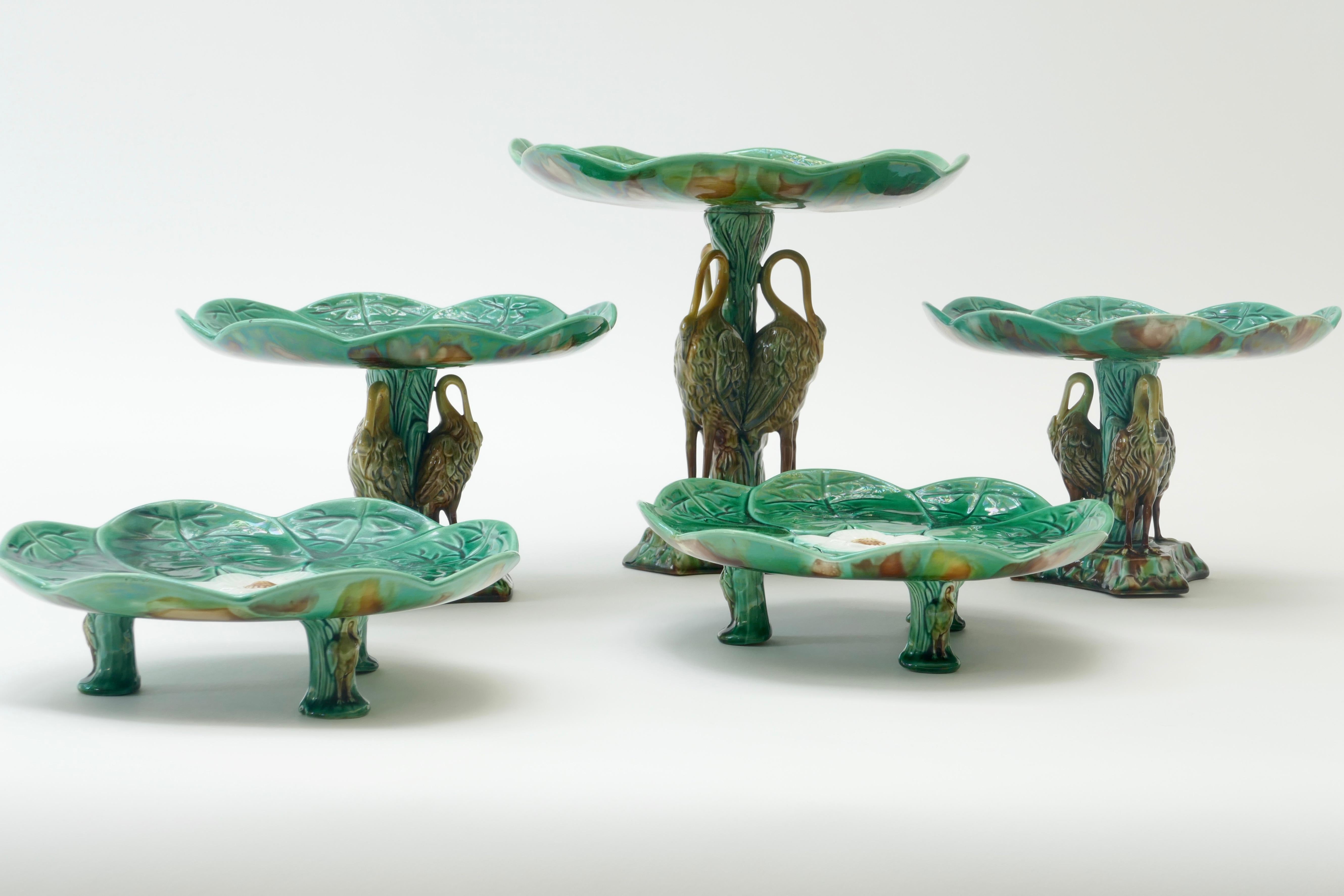 Set of 5 Majolica Pond Lily and Stork Cake Stands In Good Condition In London, GB