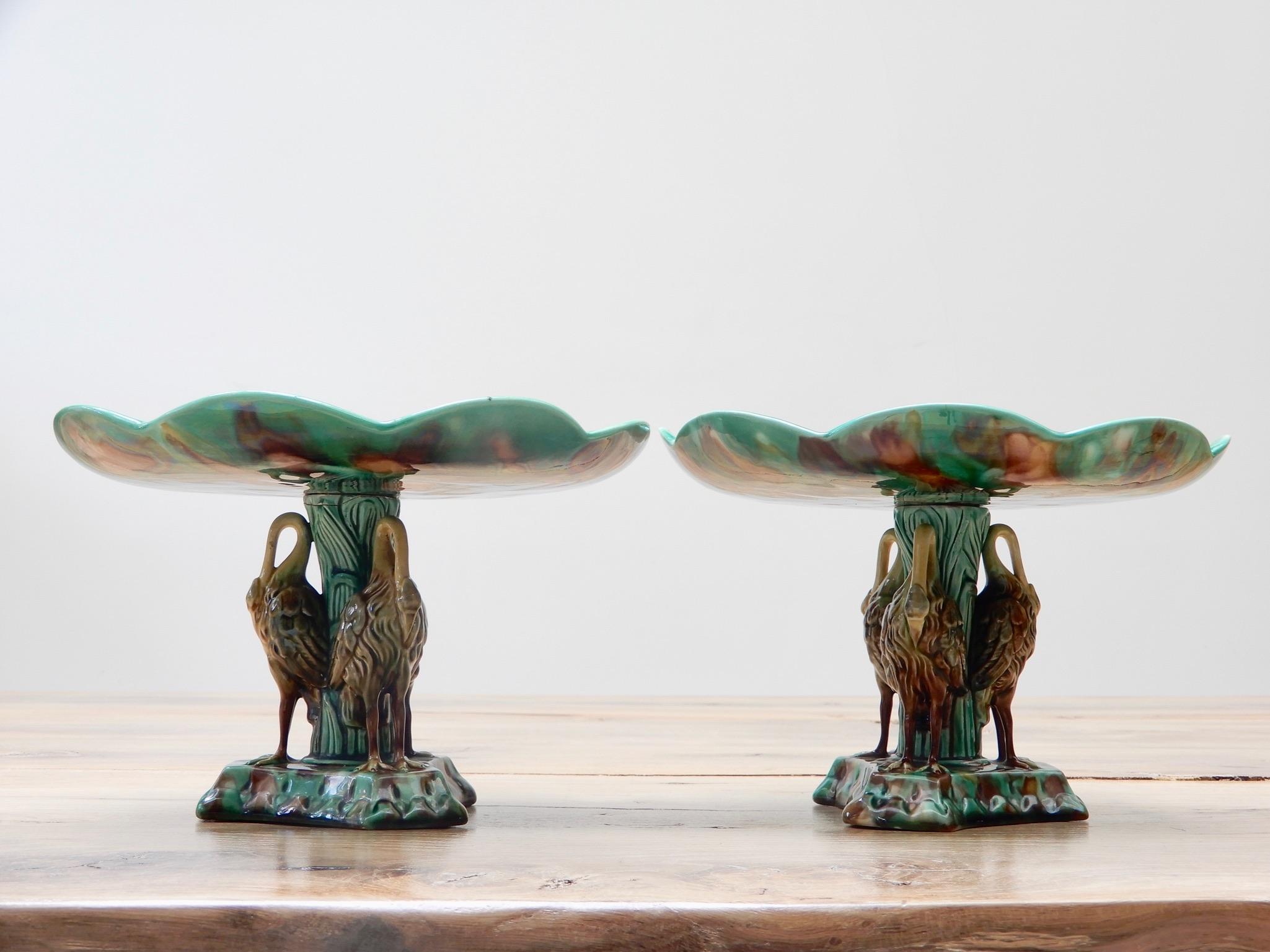 Set of 5 Majolica Pond Lily and Stork Cake Stands 1