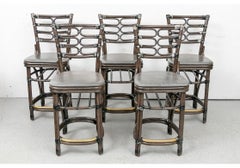 Set of 5 McGuire Stained Rattan & Leather Counter Stools