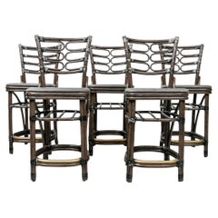 Set of 5 McGuire Stained Rattan & Leather Counter Stools