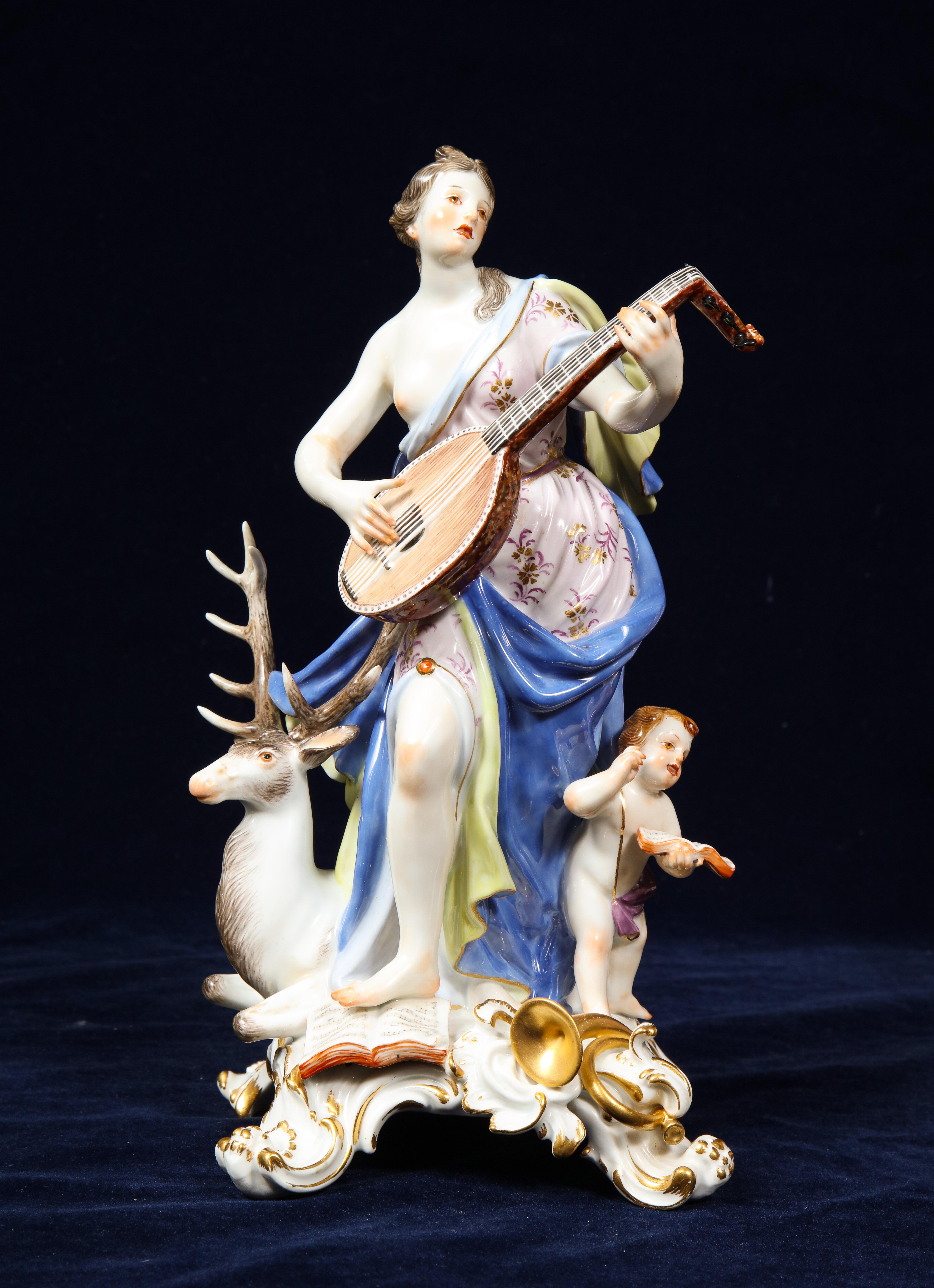 A magnificent and fully complete set of 5 Meissen figures emblematic of the senses: Hearing, smell, touch, taste, and sight, Modeled by J.J. Kändler and J.F. Eberlein. These figures are the best quality that Meissen offers, very well hand painted