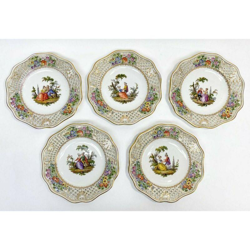 Hand-Painted Set of 5 Meissen Germany Hand Painted Porcelain Dessert Plates, 19th Century
