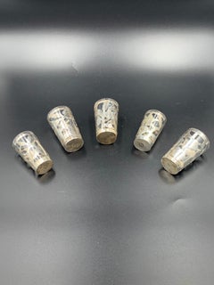 Set of 5 Mexican Silver Overlay Shot Glasses