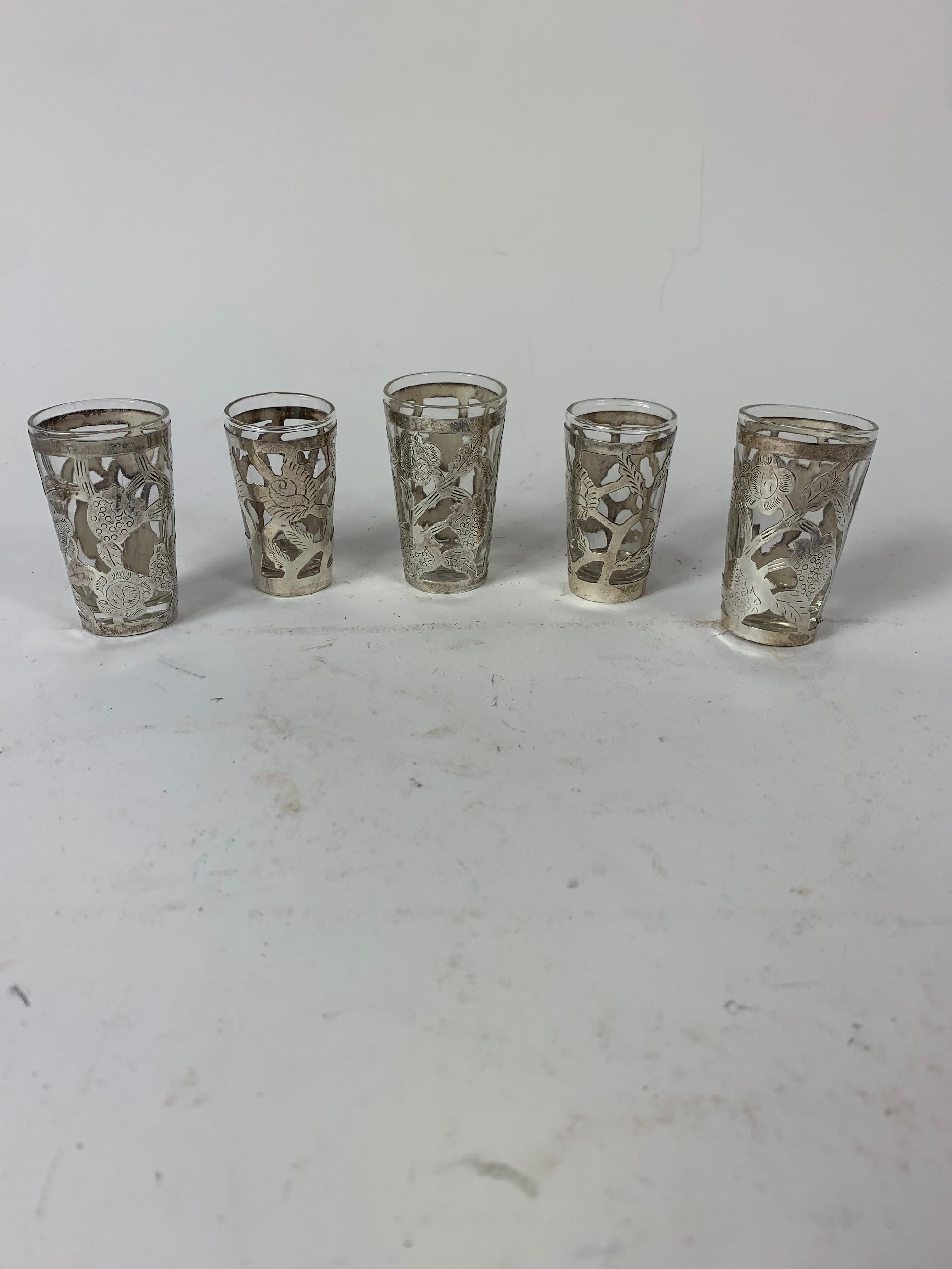 Set of 5 Mexican Silver Overlay Shot Glasses In Good Condition In Miami Beach, FL
