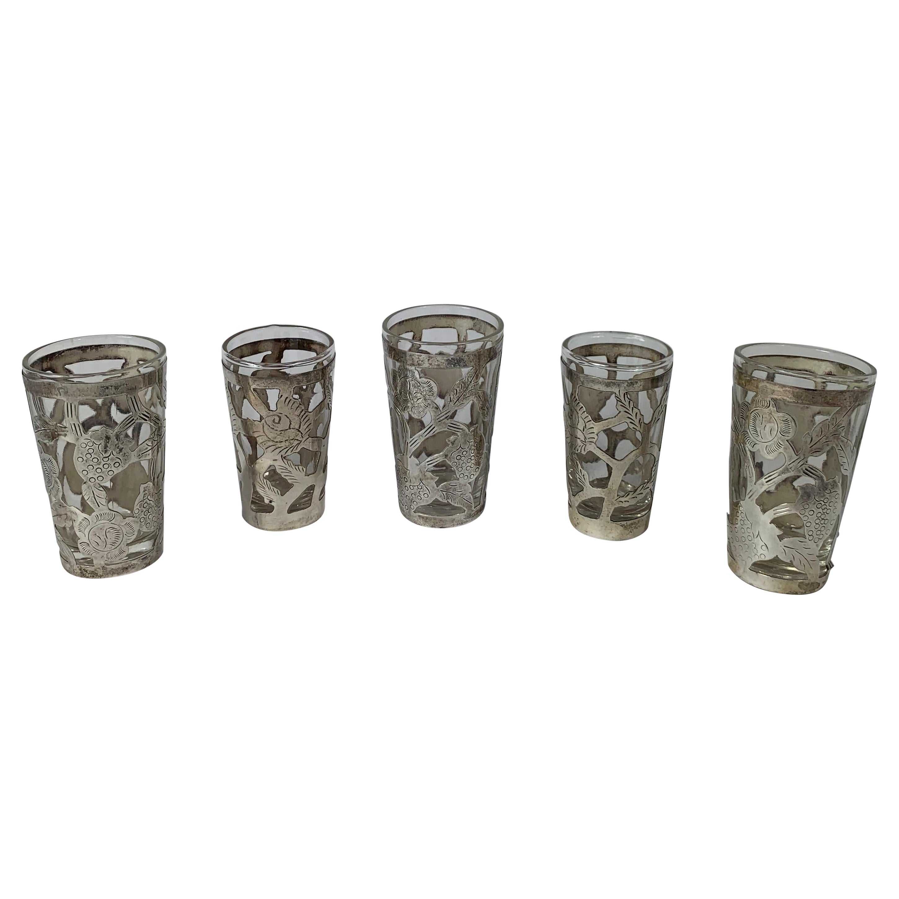 Set of 5 Mexican Silver Overlay Shot Glasses