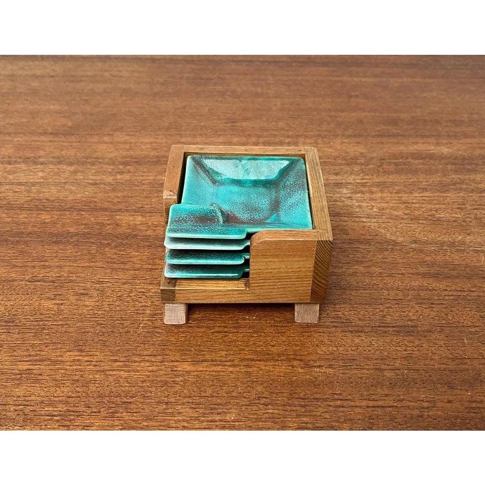 Mid-Century Modern Set of 5 Mid-Century Ceramic Stacking Ashtrays with Wooden Boxes, 1960s For Sale
