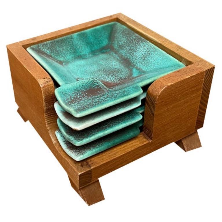 Set of 5 Mid-Century Ceramic Stacking Ashtrays with Wooden Boxes, 1960s For Sale