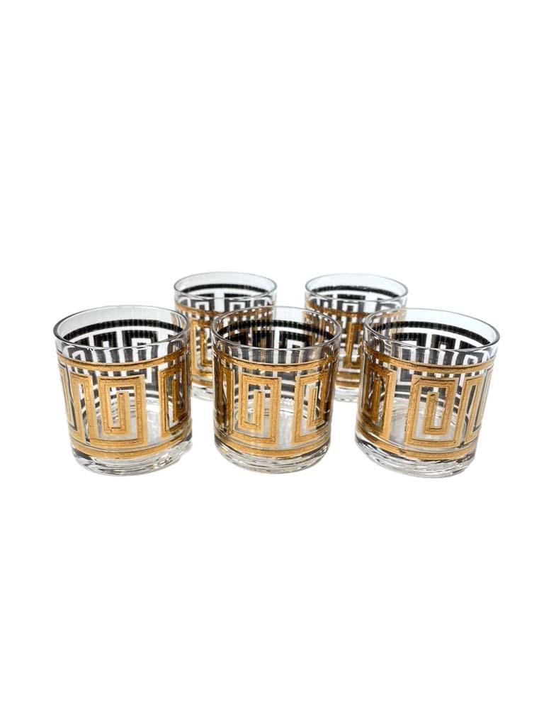Mid-Century Modern Set of 5 Mid-Century Culver Greek Key Lowball Old Fashioned Glasses with Pitcher
