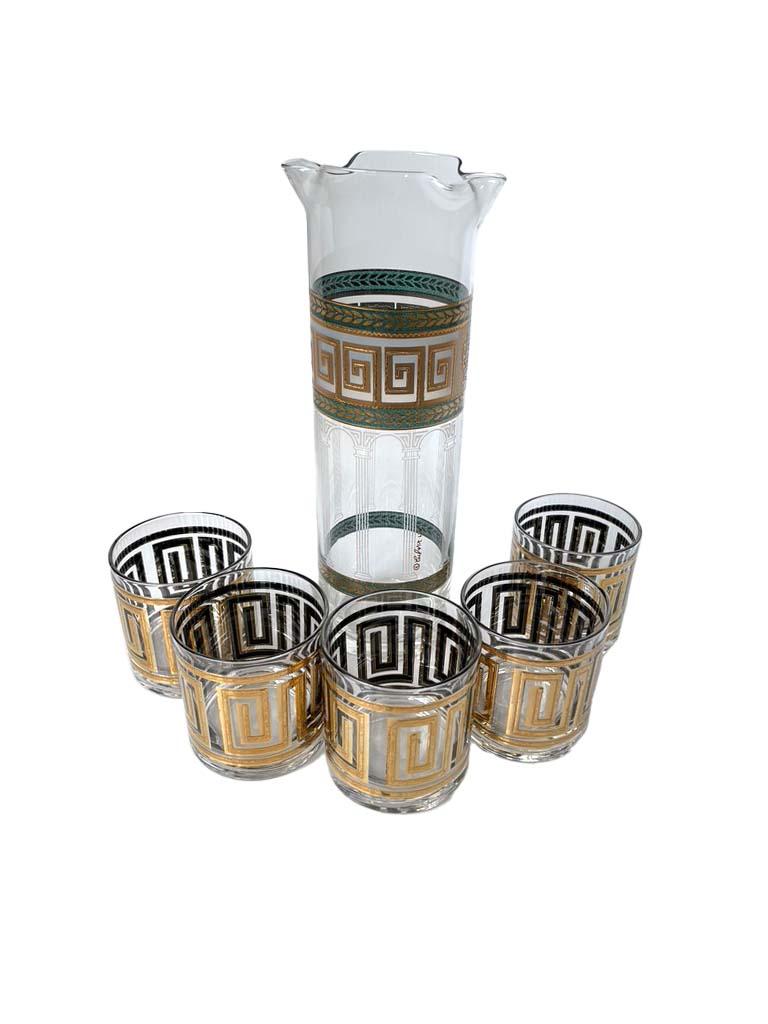 American Set of 5 Mid-Century Culver Greek Key Lowball Old Fashioned Glasses with Pitcher